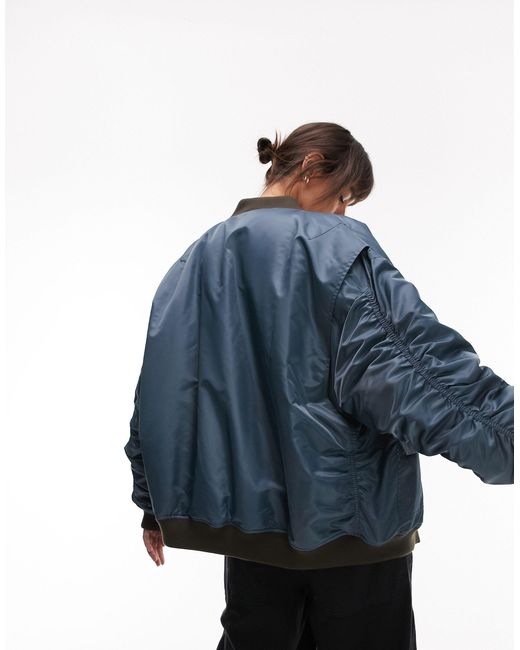 TOPSHOP Classic Oversize Nylon Bomber Jacket in Blue | Lyst