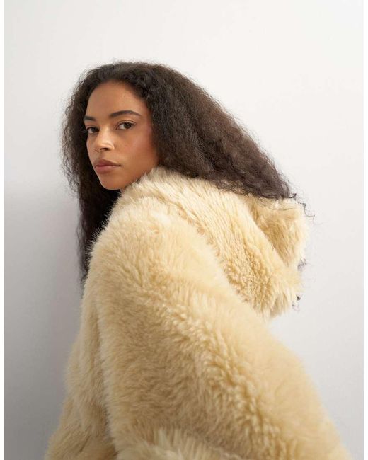 TOPSHOP Natural Faux Fur Zip Through Hooded Jacket