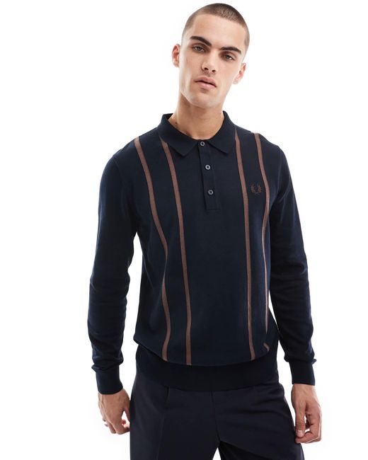 Fred Perry Blue Vertical Stripe Knitted Long Sleeve Polo for men
