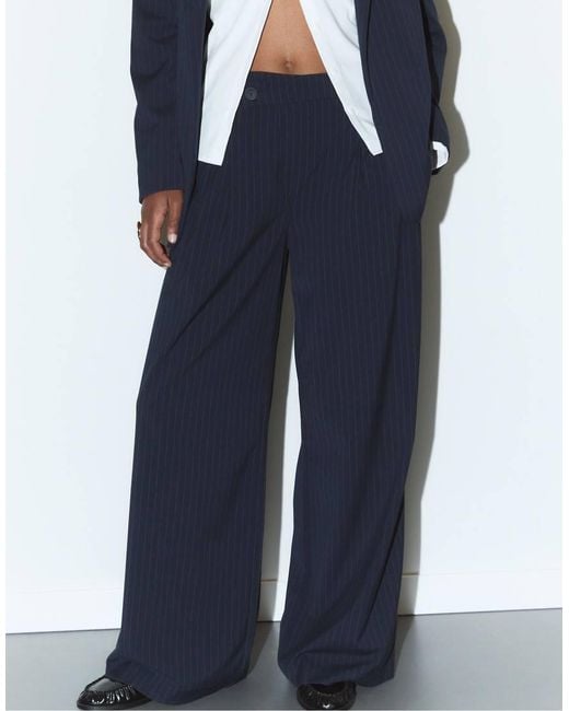 Stradivarius Blue Casual Striped Smart Trousers With Crossover Waist