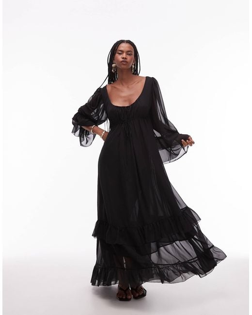 ASOS Black Chiffon Soft Volume Tie Front Maxi Dress