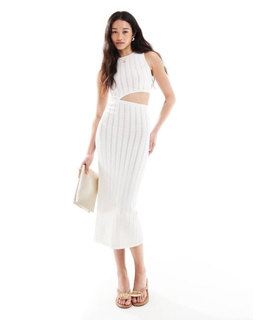 bershka white cut out dress Bershka Knitted Cut Out Front Maxi Dress in White