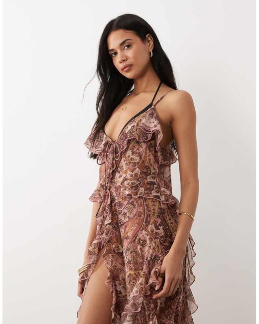Miss Selfridge Brown Beach Cami Ruffle Maxi Cover Up