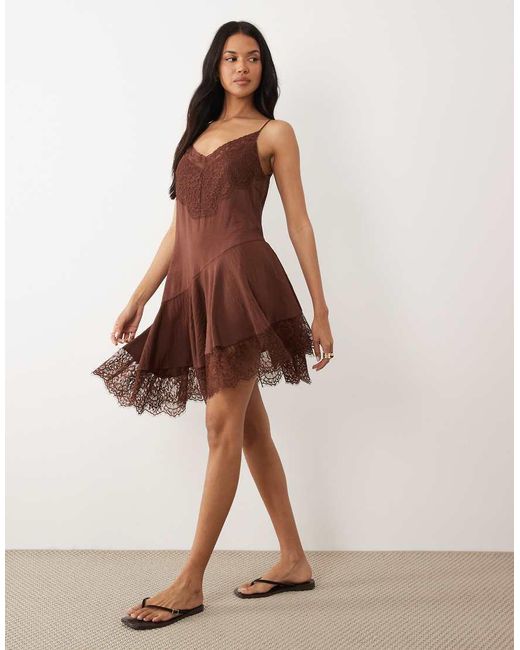 ASOS Brown Slip Lace Trim Mini Dress With Asymmetric Hem