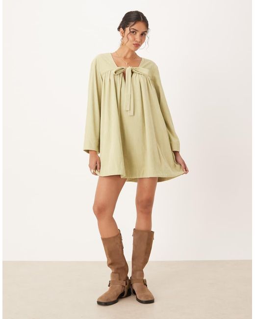 ASOS Natural Cord Tie Front Mini Smock Dress