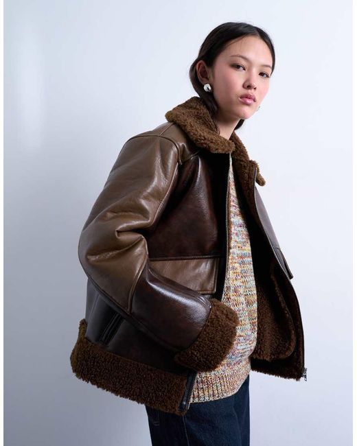 TOPSHOP Brown Shearling Patchwork Faux Leather Jacket