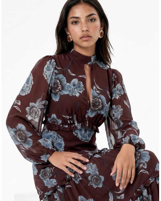ANAYA Purple Floral High Neck Long Sleeve Tiered Maxi Dress