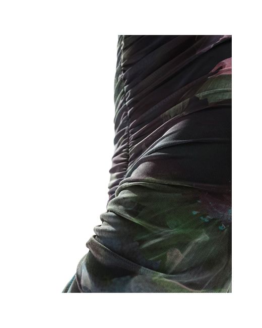 Robe longue dos nu en tulle imprimé avec décolleté plongeant et ourlet sirène - imprimé fleurs foncé ASOS en coloris Black