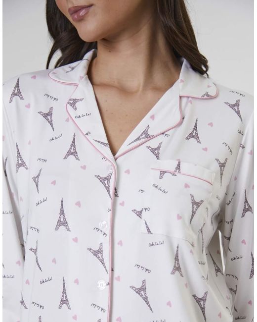 Loungeable White Paris Ooh Lala Printed Traditional Long Sleeved Pyjamas