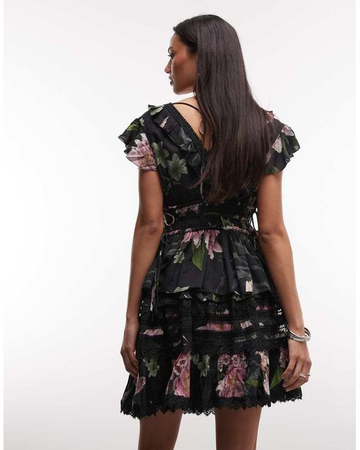 AllSaints Natural Zora Ruffle Lace Floral Mini Skirt
