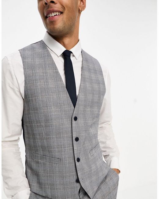 French Connection Gray Prince Of Wales Check Suit Waistcoat for men