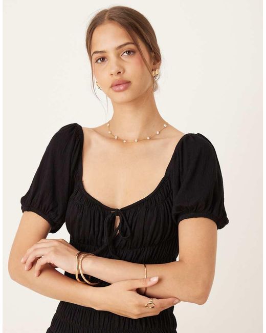 ASOS Black Crinkle Shirred Waist Milkmaid Puff Sleeve Midi Tea Dress