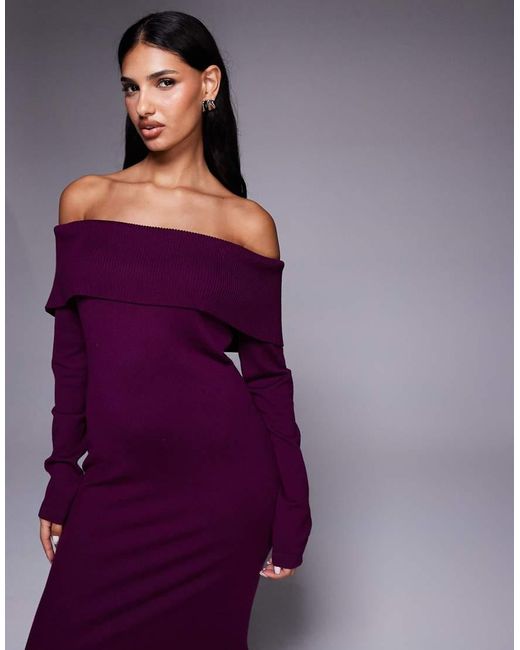 Kaiia Purple Exclusive Slouchy Off The Shoulder Foldover Knit Maxi Dress