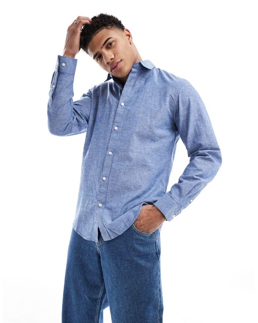 SELECTED Blue Long Sleeve Linen Mix Shirt for men