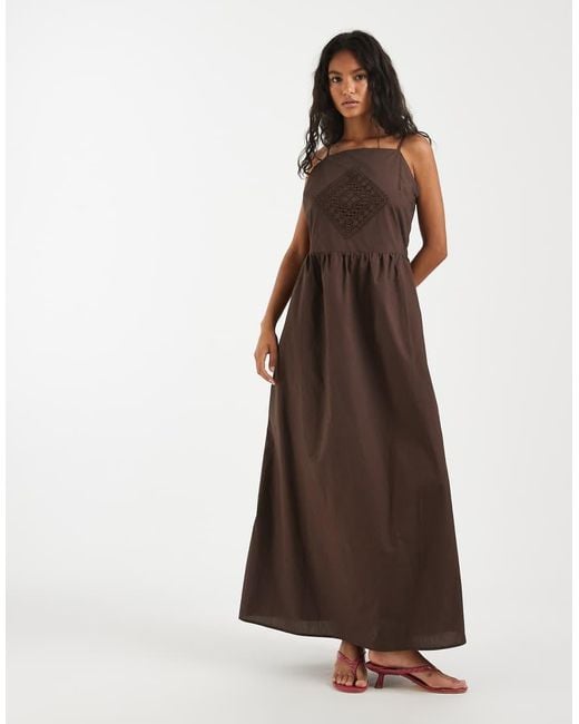Object Brown Poplin Cami Midi Dress With Crochet Patch Detail
