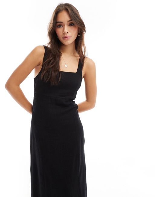 ASOS Black Square Neck Tie Back Linen Look Midi Sundress