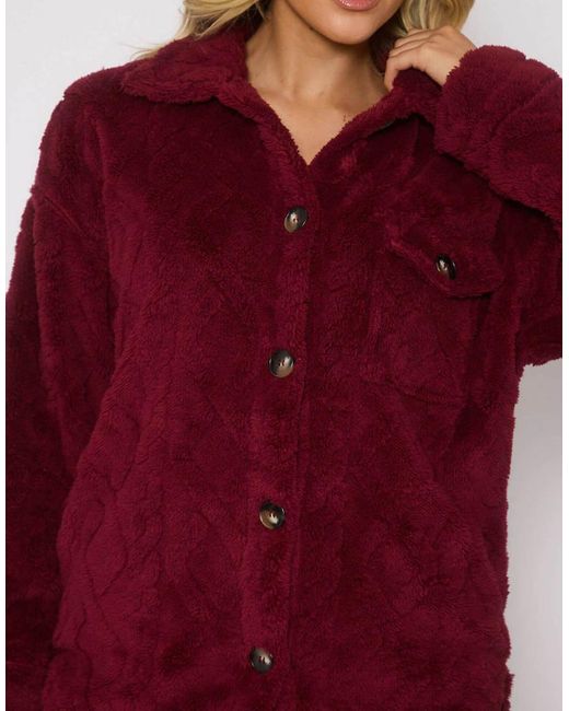 Loungeable Red Cableknit Button Down Shacket And Trouser Set