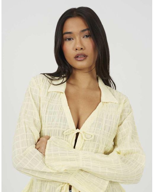 Brave Soul Natural Long Sleeve Tie Front Smock Top
