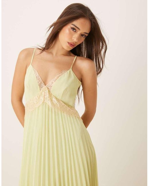 ASOS Yellow V Neck Lace Trim Pleated Cami Midi Dress