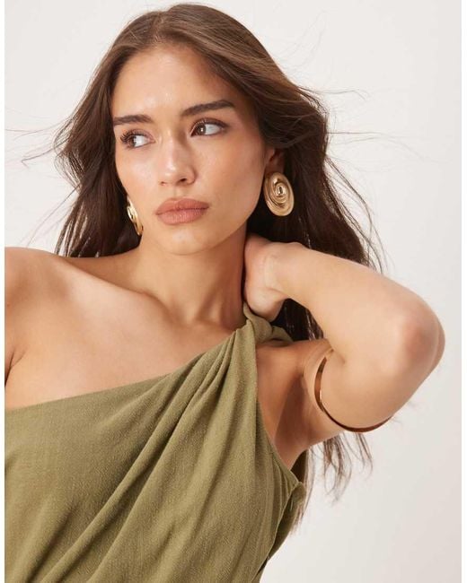 ASOS Natural Linen Mix Fallen Twist Shoulder Wrap Skirt Detail Midi Dress