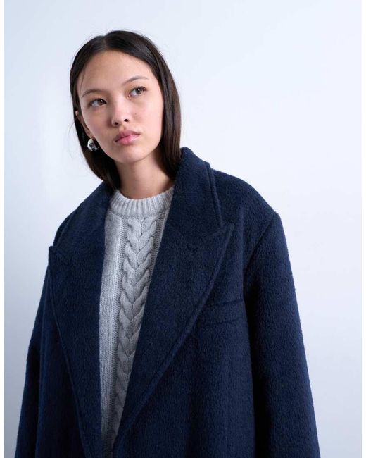 TOPSHOP Blue 3 Button Brushed Coat With Wool