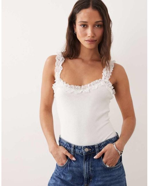 Miss Selfridge Brown Ribbed Bodysuit With Lace Ruffle Detail