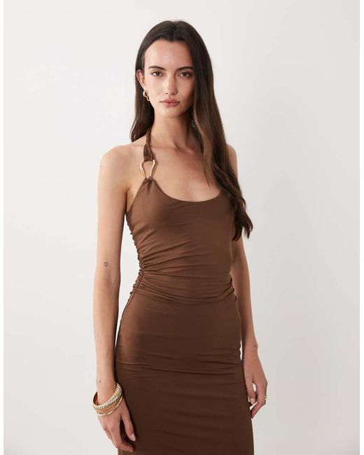 SNDY'S Brown Metal Detail Strap Scoop Neck Maxi Dress