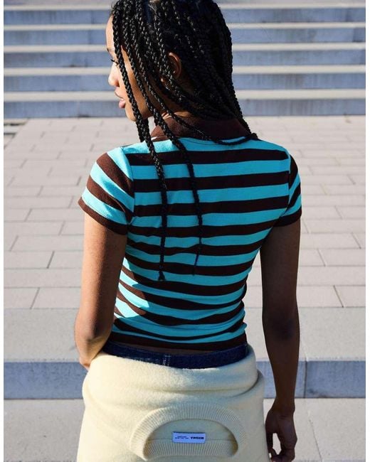 Bershka Blue Short Sleeve Striped Polo Shirt