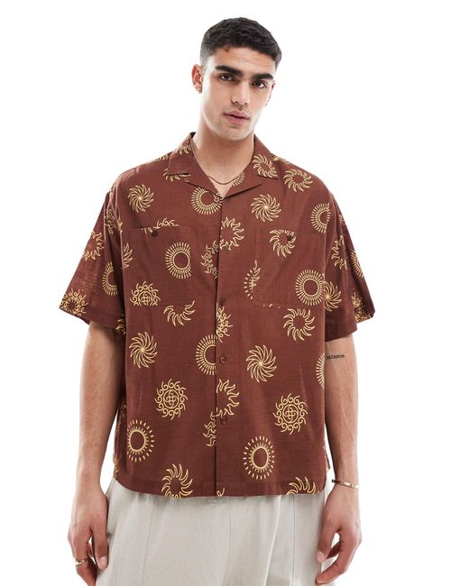 ASOS Brown Boxy Oversized Revere Linen Look Shirt With Tobacco Sun Print for men