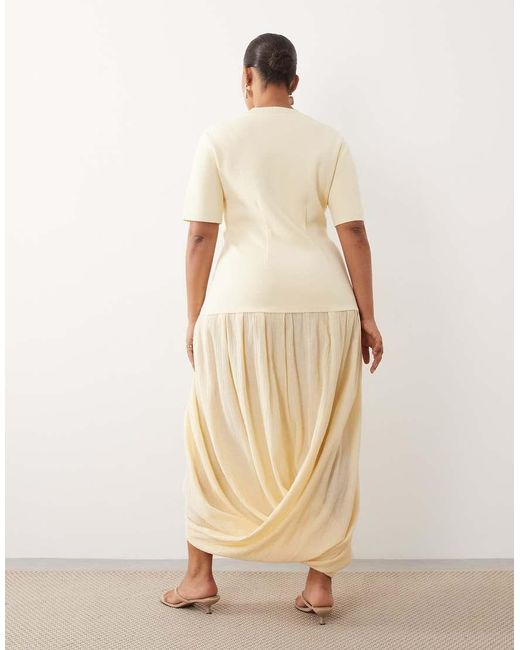ARRANGE Yellow Curve Knit Short Sleeve Hybrid Midi Dress