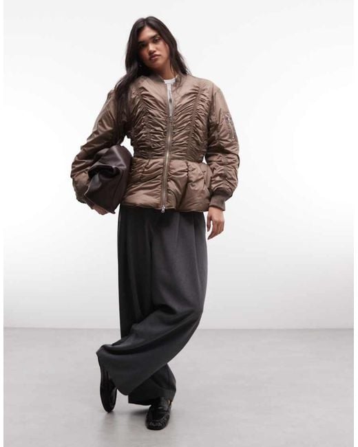 Monki Brown Ruched Bomber Jacket
