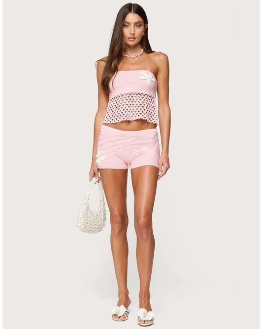 Edikted Pink Tahna Flower Crochet Shorts