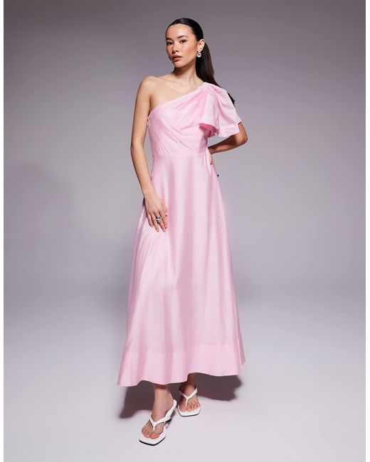formal forever new dresses Linen One Shoulder Midi Dress in Pink puku