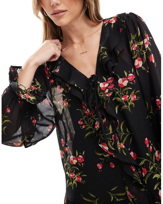 Wednesday's Girl Black Ditsy Floral Ruffle Wrap Dress