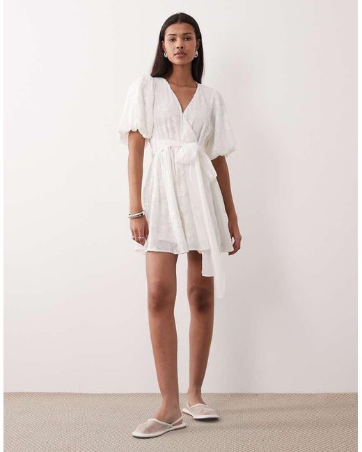 Gina Tricot Natural Embroidered Mini Dress With Puff Sleeves