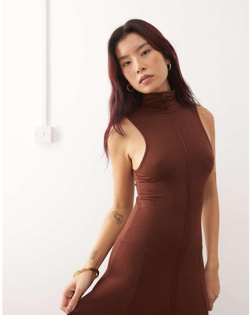 Susmie's Brown Diana Slinky Cupro High Neck Maxi Dress