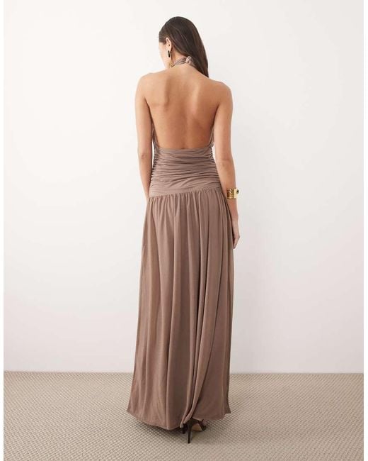 ASOS Brown High Neck Blouson Halter Maxi Dress With Full Skirt