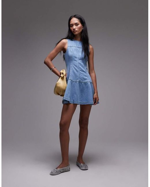 Vestido Vaquero Corto Medio Con Vuelo Y Costuras De TOPSHOP de color Blue
