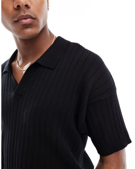 New Look Black Short Sleeve Ribbed Revere Knit for men
