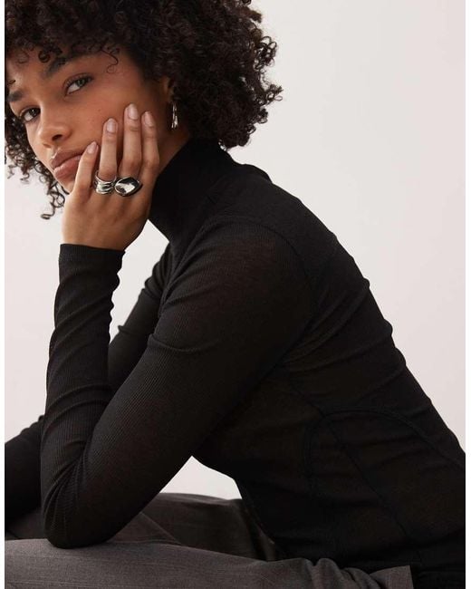 Weekday Black Mesh High Neck Long Sleeve Top With Contour Seam Detail