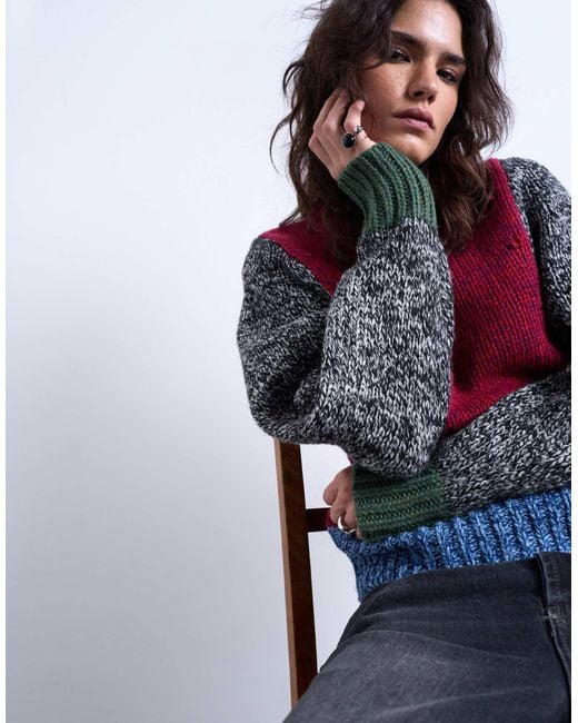 TOPSHOP Red – patchwork-strickpullover aus verzwirntem garn mit weiten ärmeln