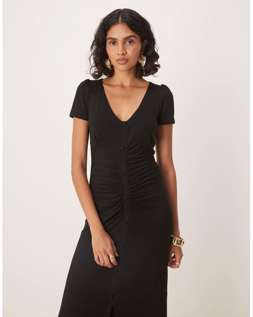 ASOS Black V Neck Button Ruched Front Midi Tea Dress