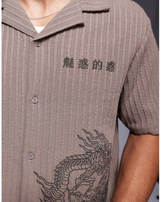 River Island Gray Japanese Dragon Embroidered Shirt for men