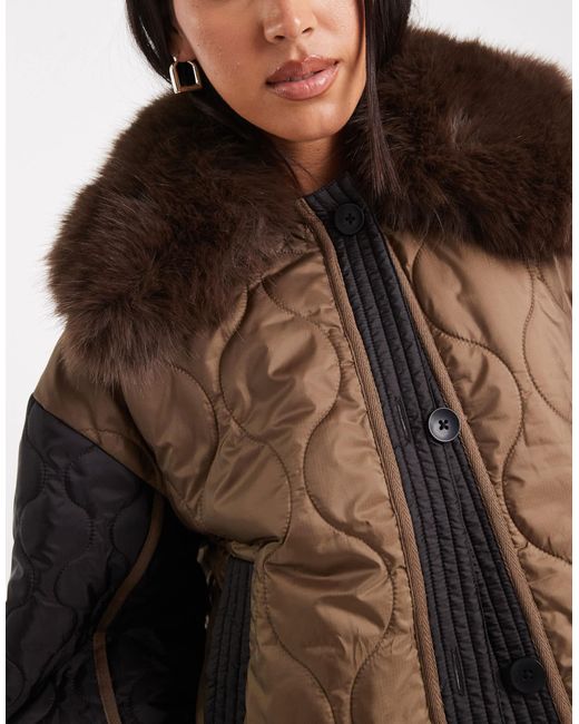 ASOS Brown Quilted Hybrid Teddy Collarless Jacket With Pink Lining