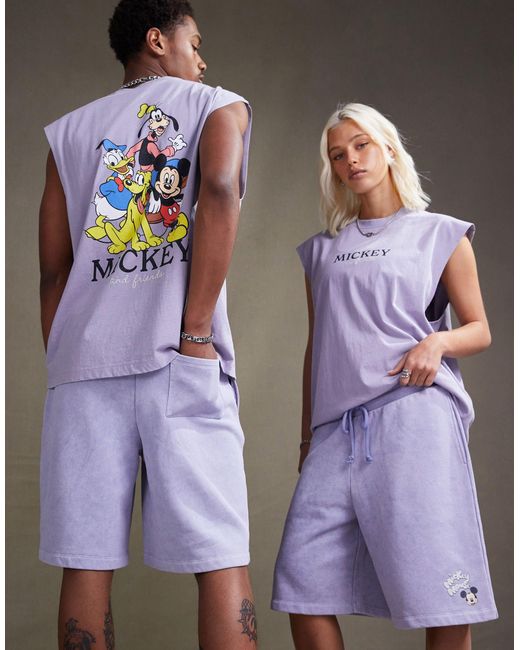 Disney - pantaloncini unisex oversize blu slavato con stampa di topolino di ASOS in Gray