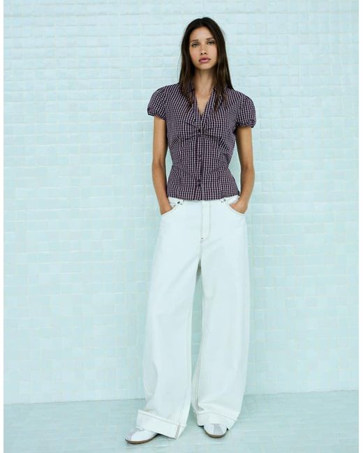 Bershka Purple Short Sleeve Poplin Shirt With Bow