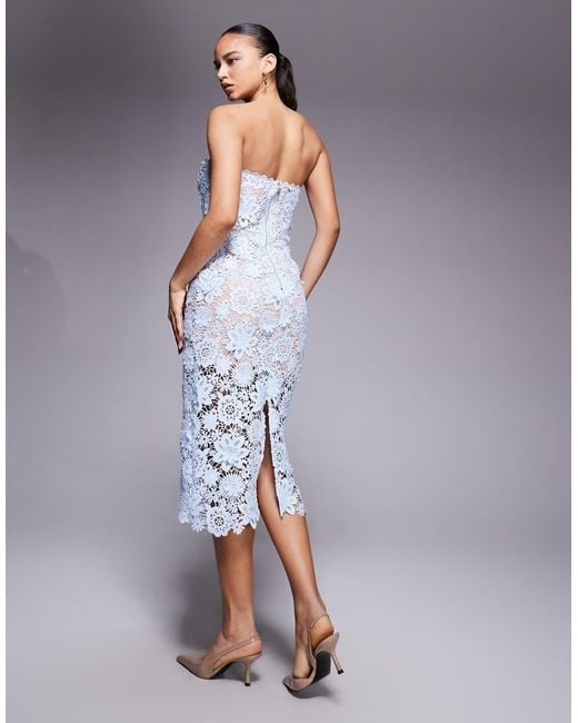 Jarlo Blue Floral Crochet Lace Bandeau Midi Dress