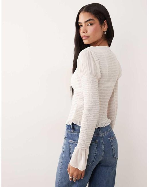 ASOS White Mesh Shirred Button Down Long Sleeve Top