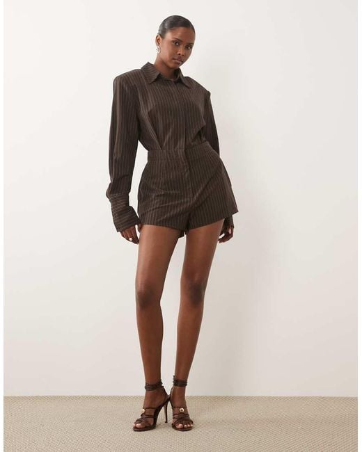 Noughts & Kisses Brown Shoulder Pad Tailored Deep Cuff Romper