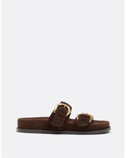 Stradivarius Brown Wide Fit. Flat Leather Buckle Sandals